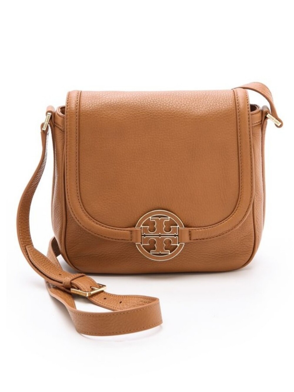 Tory Burch Amanda Round Pebble Leather Saddle Crossbody Shoulder Bag Camel Tan